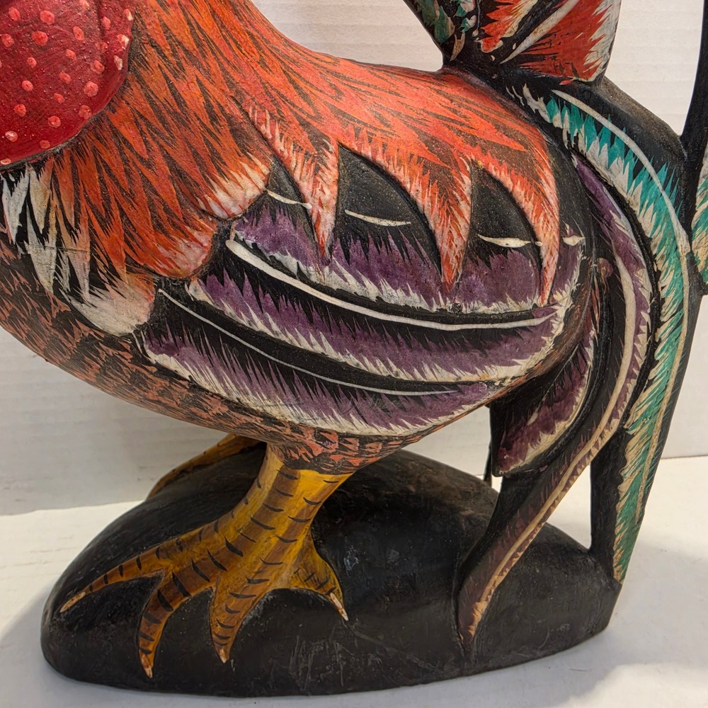 Hand Carved Wooden Rooster Figurine Hand Painted Folk Art Sculpture Rustic Decor - Picture 3 of 10